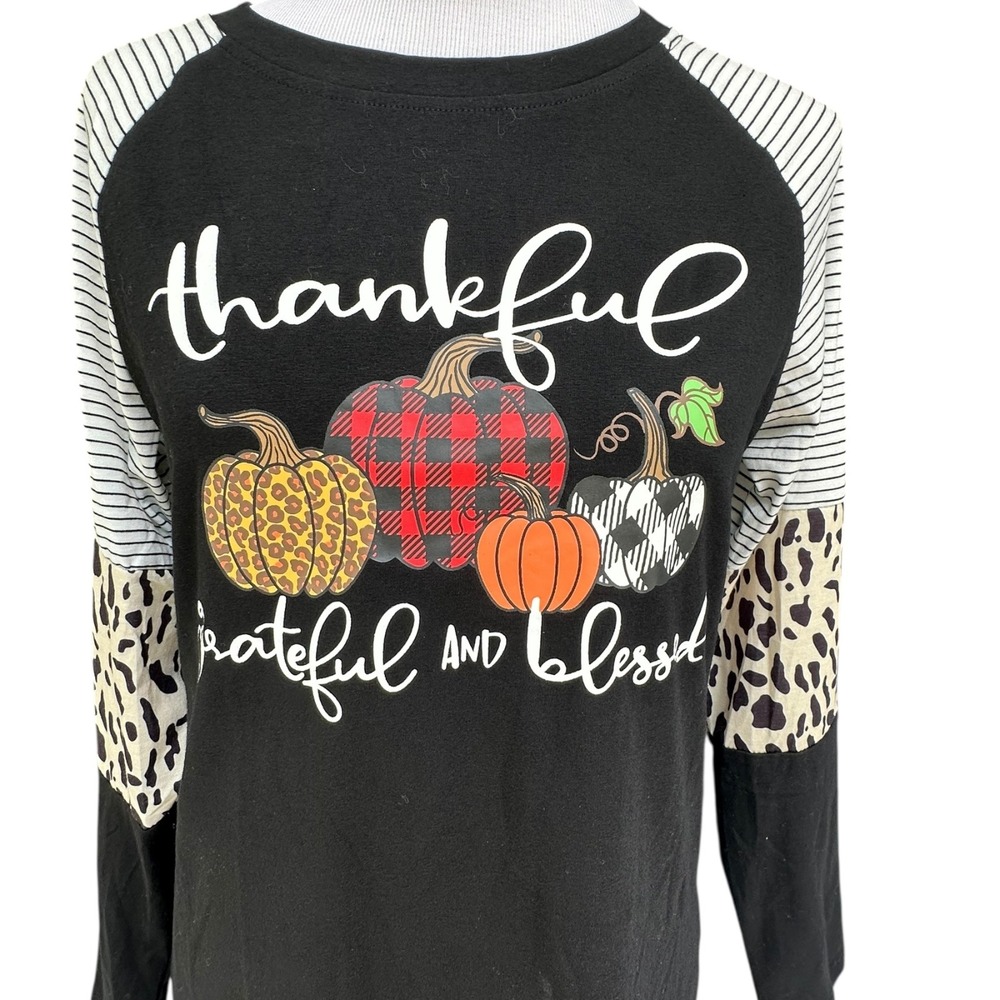 Unbranded Raglan Top Women Black Thanksgiving Pumpkin Mixed Print Sleeve Graphic - Picture 2 of 13